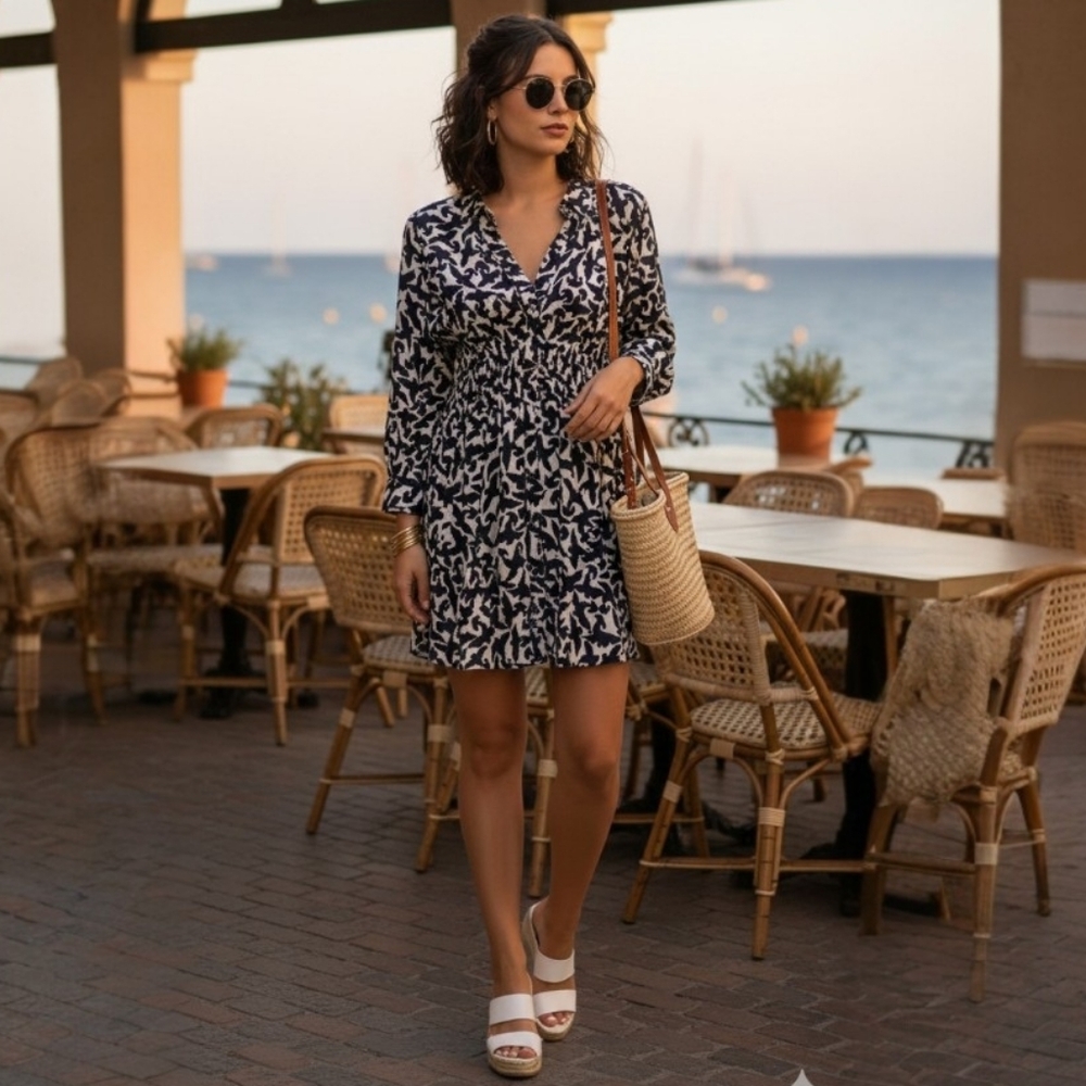 Anthropology Maeve Linen Blend Abstract Print Button Down Tunic Shirt Mini Dress